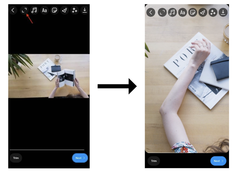 Screen 1: Click Crop (indicated by the red arrow) to automatically crop your video. Screen 2: Instagram automatically crops your video and you can click next to proceed with posting your video. 