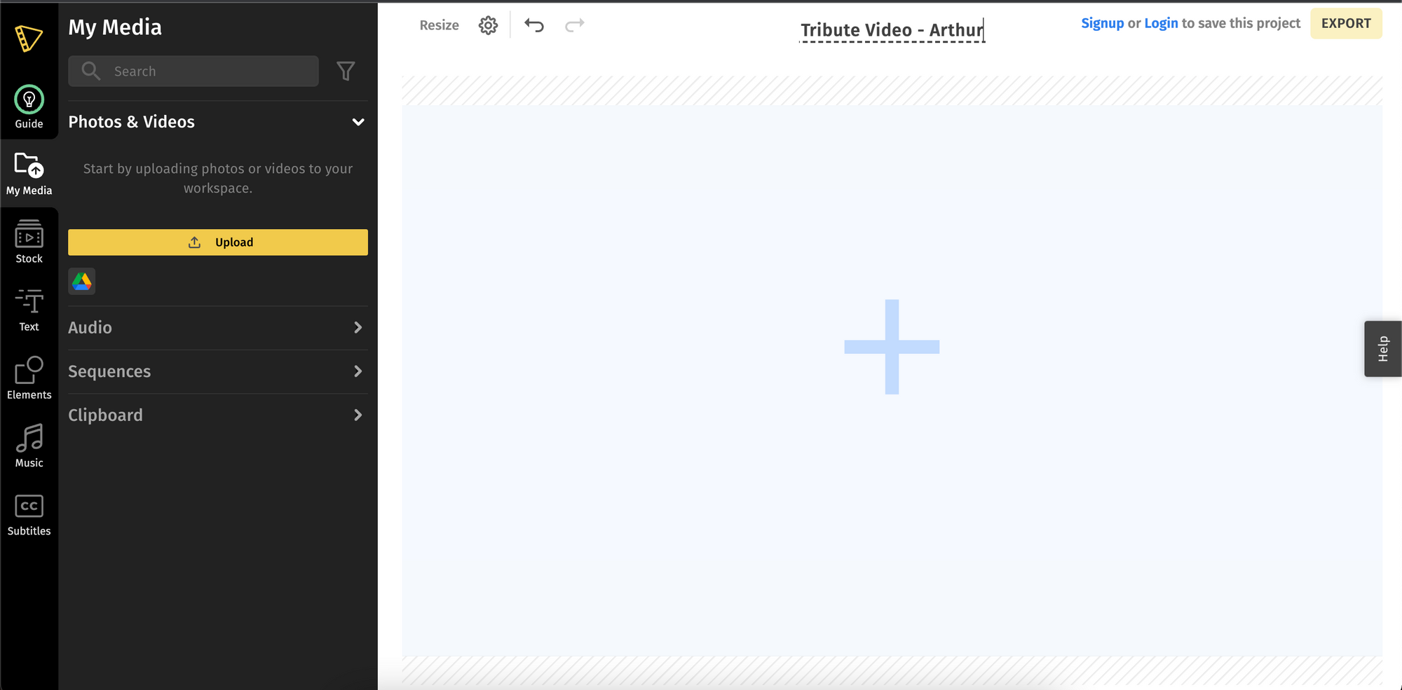 Get started with Typito for free. Create a new project and upload your images and video clips