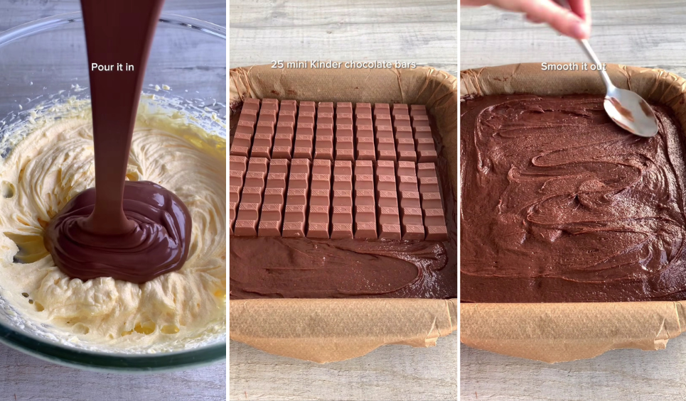 Three-step recipe reel demonstrating How to Add Text to Instagram Reels: pouring chocolate into a bowl with 'Pour it in' caption, adding chocolate bars with '25 mini Kinder chocolate bars' caption, and smoothing batter with 'Smooth it out' caption.