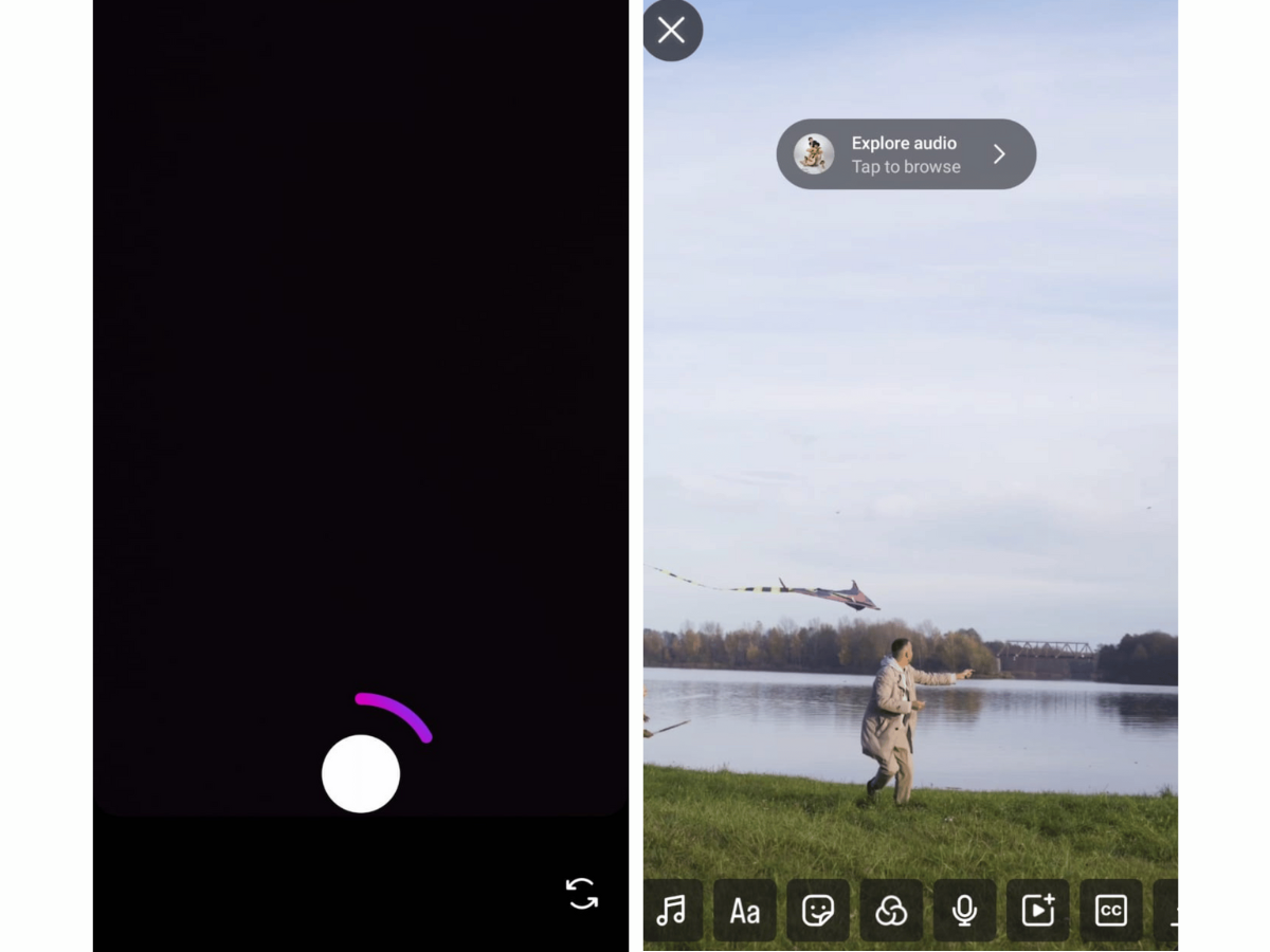 Screenshot of the Instagram Reels recording screen and the editing interface, showing the 'Explore audio' option and tools for adding captions to Reels.