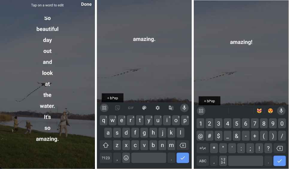 Three screenshots showing how to edit auto-generated captions on Instagram Reels. The first displays the caption 'So beautiful day out and look at the water. It's so amazing.' The next two show editing the word 'amazing