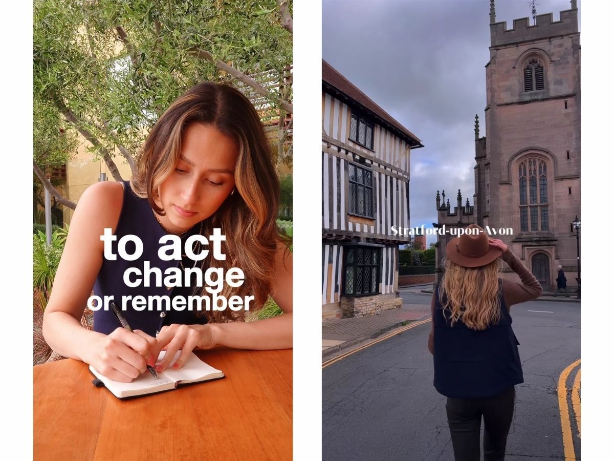 Two images: a woman writing with the text 'to act change or remember' and a woman in Stratford-upon-Avon, demonstrating How to Add Text to Instagram Reels for storytelling