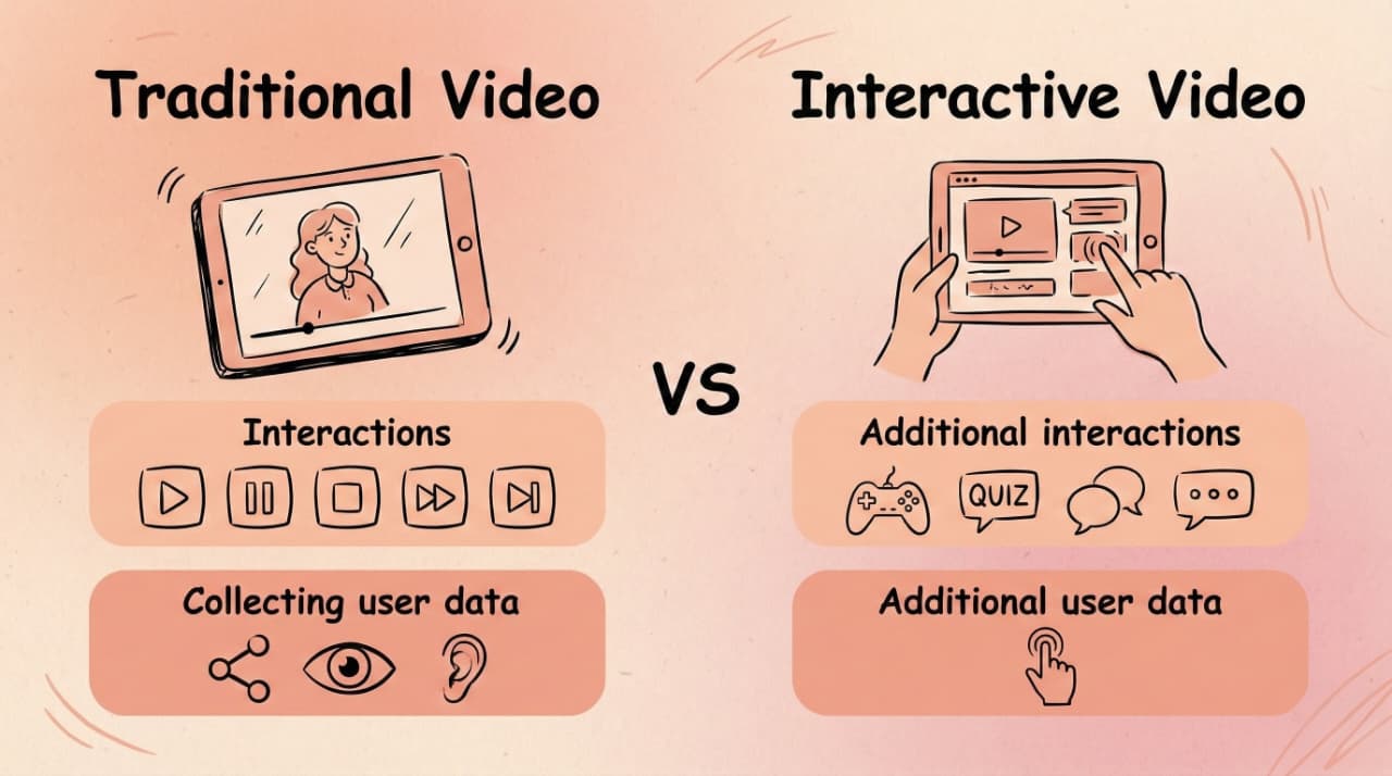 Side-by-side illustration comparing traditional video and interactive video, showing passive playback controls versus quizzes, comments, and user interactions that collect more engagement data