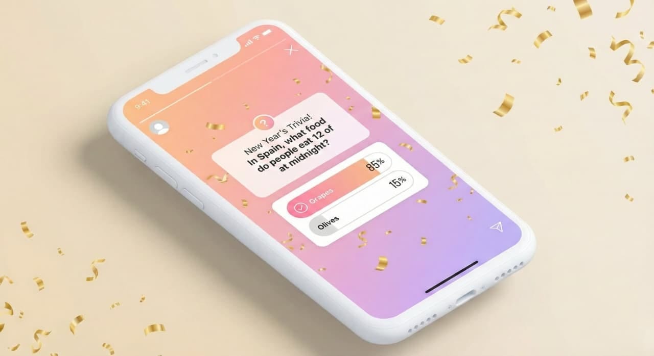 Smartphone screen displaying an Instagram New Year trivia poll with festive confetti and engagement options.