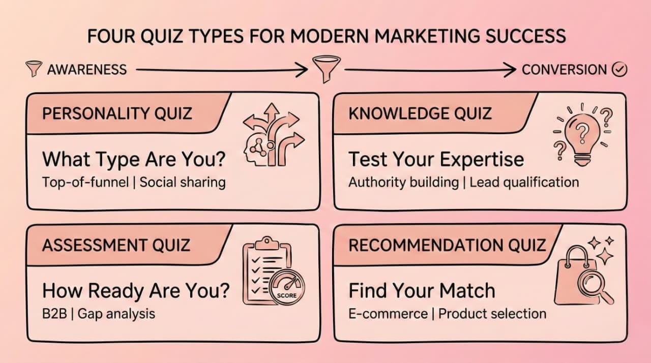 Comparison chart of four quiz lead magnet types: personality quizzes for social sharing, knowledge quizzes for authority building, assessment quizzes for B2B gap analysis, and recommendation quizzes for product selection
