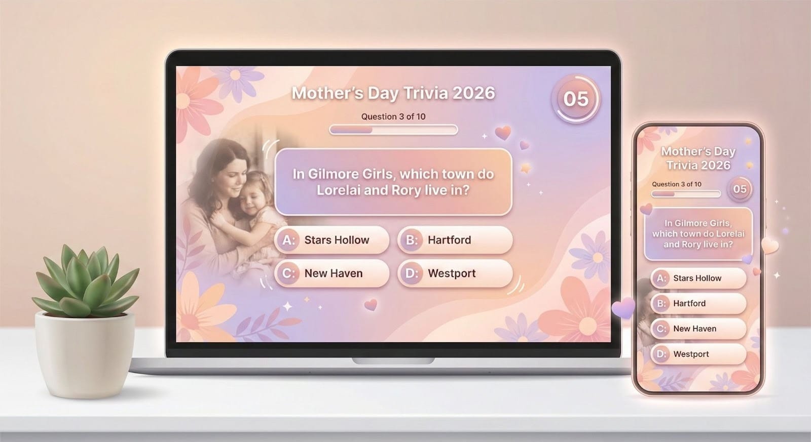  Mockup showing Mother's Day trivia video interface on laptop and smartphone screens with question about Gilmore Girls and multiple choice answers