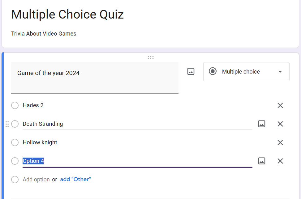 Quiz editing screen displaying a multiple-choice question with several answer options being added.