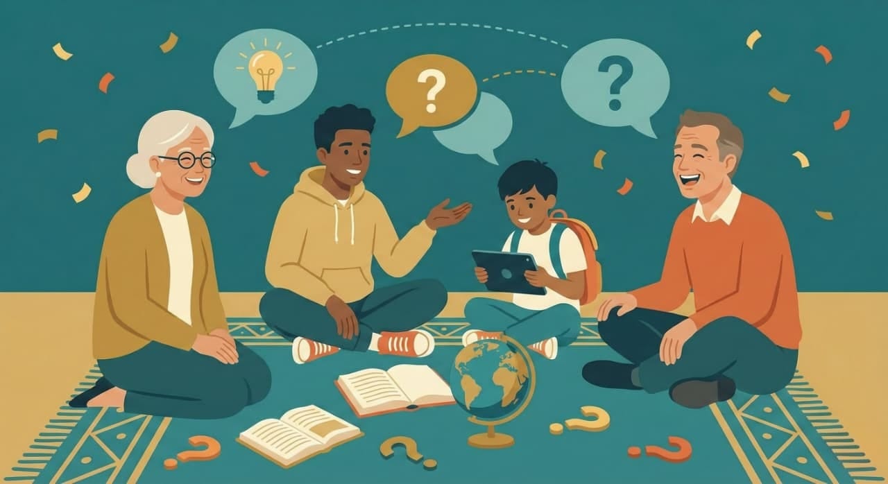 Illustration of diverse group of people engaged in collaborative trivia game showing active learning and community building through Black History Month educational games