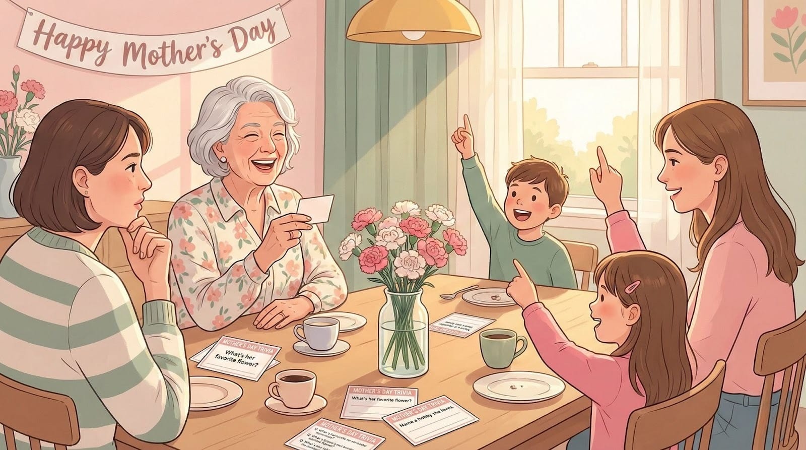 Illustrated top-down view of three generations' hands reaching toward Mother's Day trivia cards on a dining table with flowers and coffee
