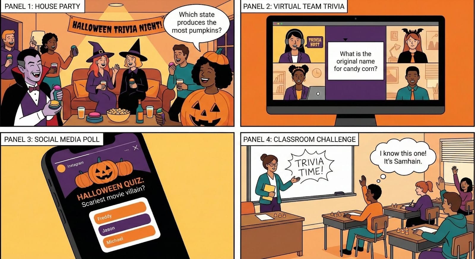 Four-panel illustration showing Halloween trivia being played in different contexts: house party, virtual work meeting, social media story, and classroom setting