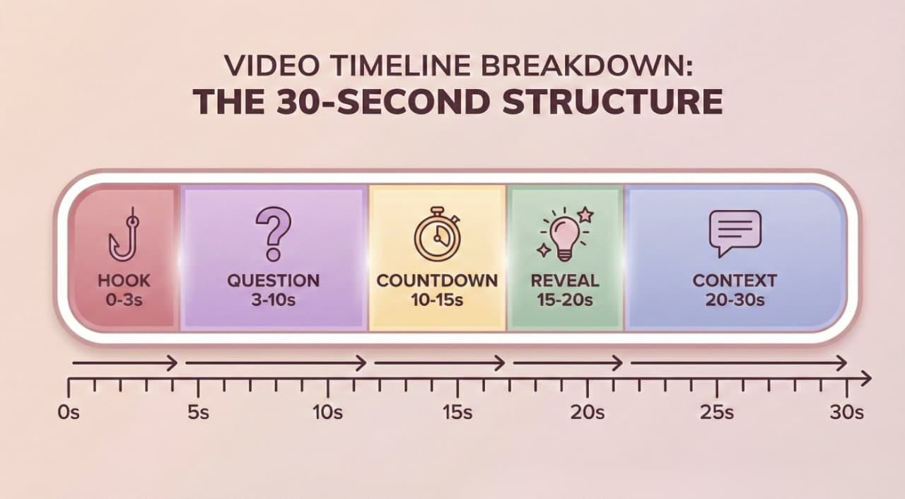 Infographic showing 30-second trivia video structure with 5 segments: hook, question, countdown, reveal, and context, designed for educational social media content