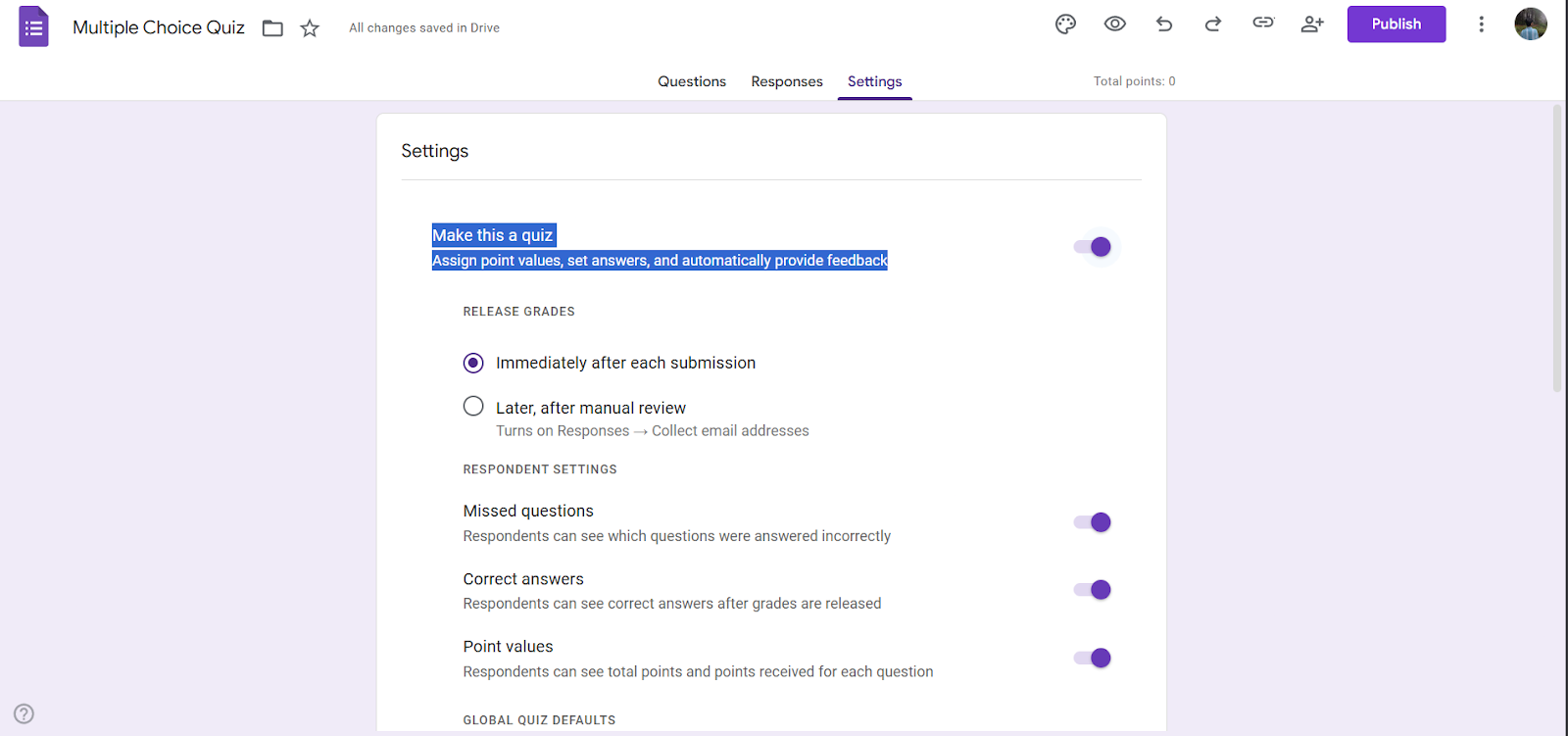 Form settings screen showing the “Make this a quiz” option enabled, with controls for grading, correct answers, and point values.