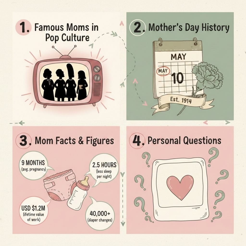 Infographic showing four Mother's Day trivia categories in colorful sections: Famous Moms, Holiday History, Mom Facts, and Personal Questions