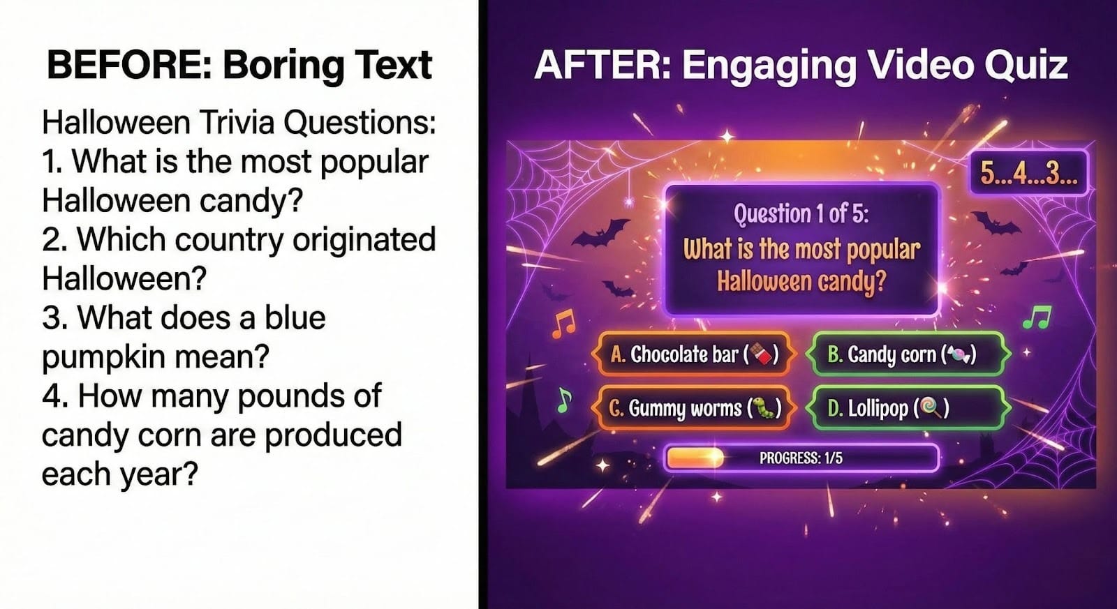 Comparison showing plain text Halloween trivia questions transforming into an animated video quiz with countdown timer, visual effects, and engaging design elements