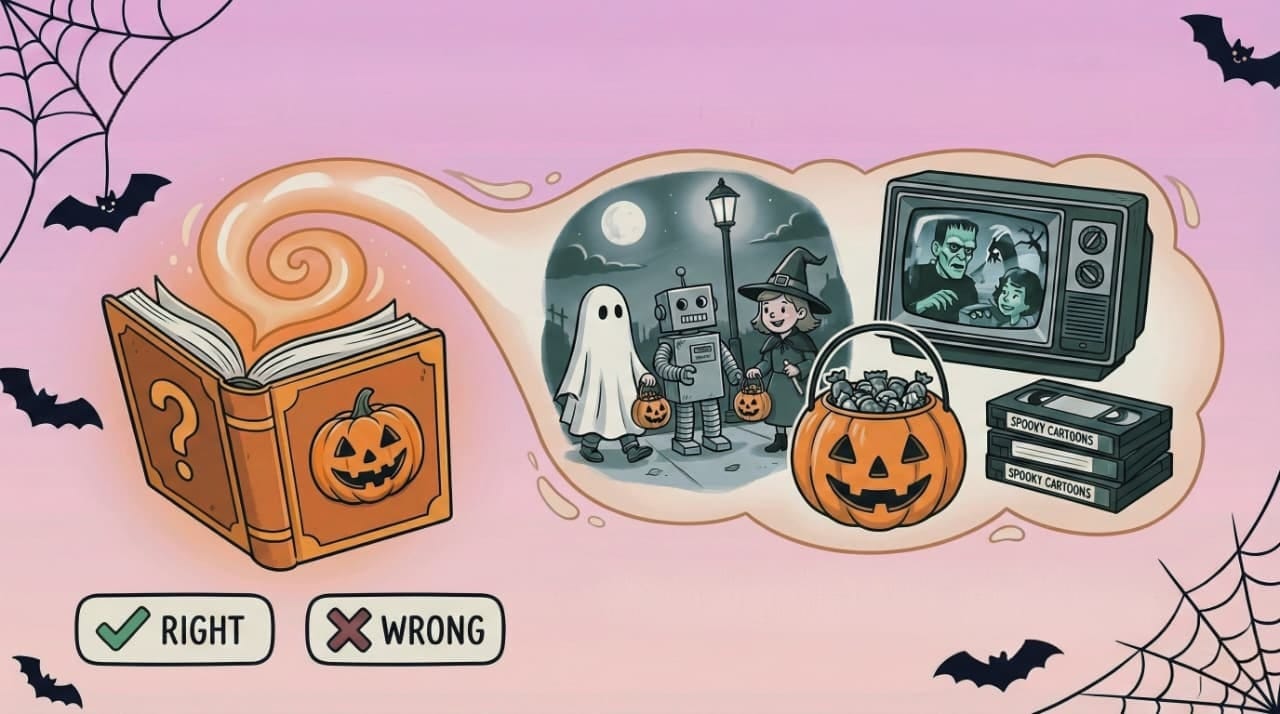 Halloween-themed illustration showing nostalgic spooky elements like trick-or-treaters, pumpkins, a mystery book, and classic spooky cartoons, representing visual clues used in Halloween quizzes