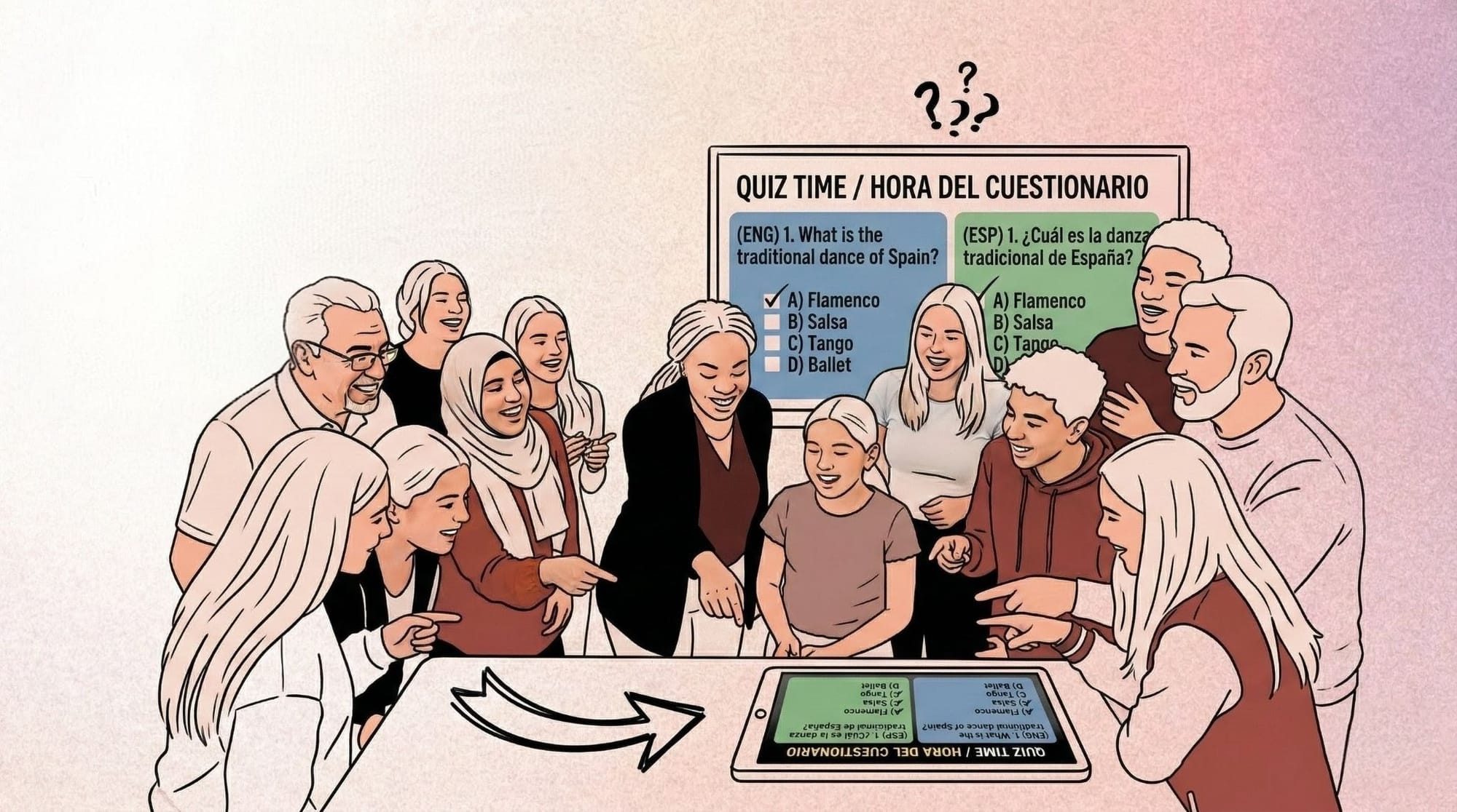 Classroom group participating in a bilingual quiz with English and Spanish prompts on a projector screen