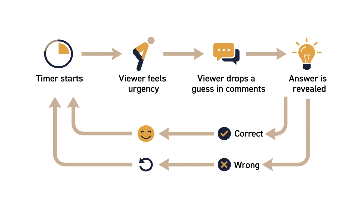 Flow diagram showing the four-step trivia viewer participation loop: timer starts, viewer feels urgency, viewer guesses in comments, answer is revealed, then loops back.