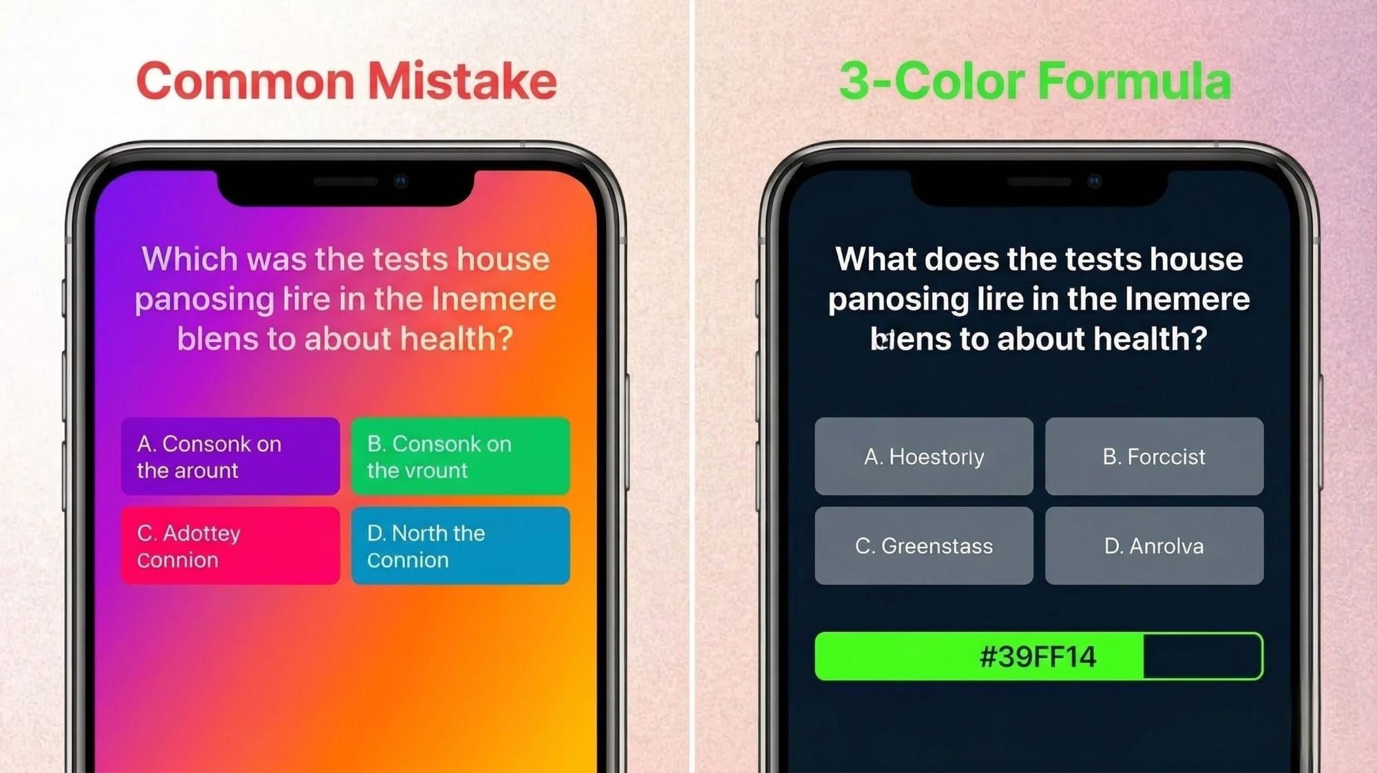 Side-by-side comparison of a cluttered multi-color trivia video screen versus a clean 3-color trivia video design with clear contrast hierarchy and a single neon accent for the countdown timer.