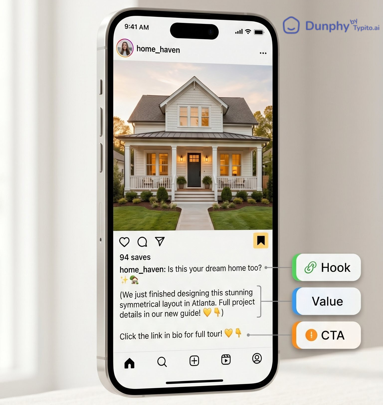 Phone screen mockup showing an Instagram listing post in native feed view. A hero exterior shot fills the top two-thirds of the screen. Below the photo, the caption begins with the first visible line: "This kitchen sold itself." Three translucent annotation bubbles are overlaid on the caption text, each with a coloured left border: a green bubble labelled "Hook" pointing to the opening line; a blue bubble labelled "Value" pointing to the middle section reading "3 offers. 48 hours. 12K over ask."; and an orange bubble labelled "CTA" pointing to the final line reading "Comment TOUR and I'll send the showing link." The save count shown beneath the post reads 94 and the save bookmark icon is highlighted. The annotation style shows the formula at work inside a real post, not on an abstract slide.