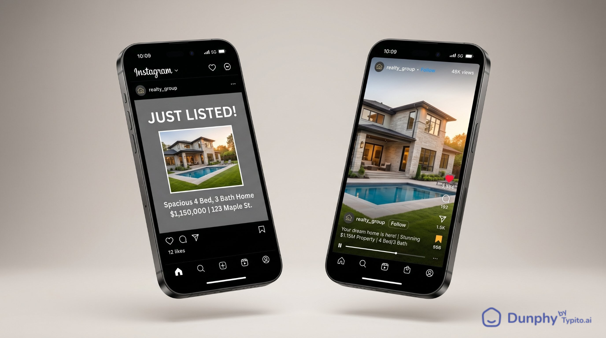 Side-by-side phone screen mockup showing two Instagram posts for the same property. Left screen: a static "Just Listed" graphic, address and price in bold text on a white background with a small property thumbnail, showing a low engagement count with no saves or shares visible. Right screen: the same listing as a 15-second reel mid-play, exterior shot on screen with the listing price animating in as a text overlay, a substantially higher view count displayed, and both the save bookmark and share arrow highlighted in the Instagram UI. The visual shows the reach and engagement gap between formats without a single number, letting the contrast speak for itself.