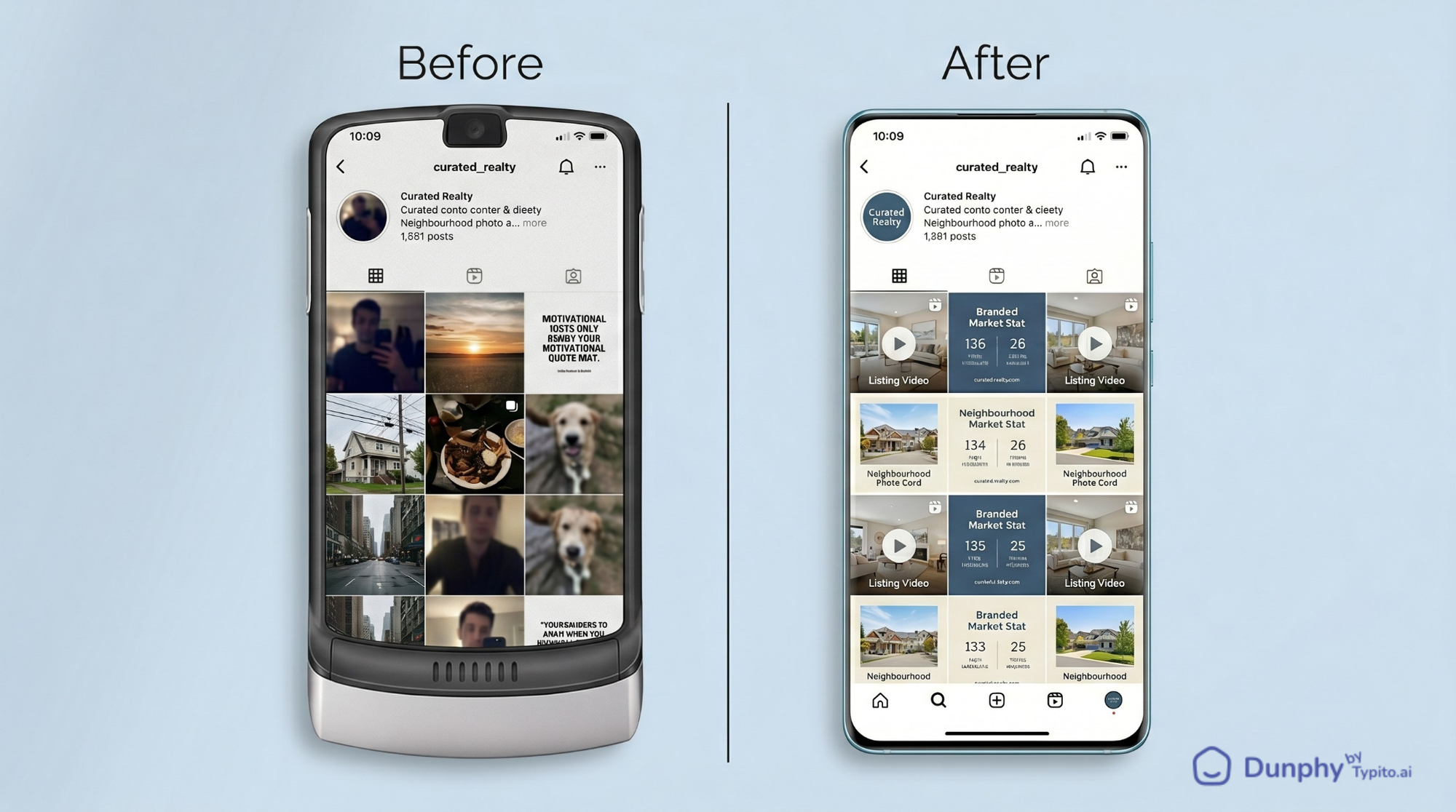 Split-screen comparison of two Instagram profile grids showing a disorganized feed on the left and a structured, pillar-based content calendar feed on the right.