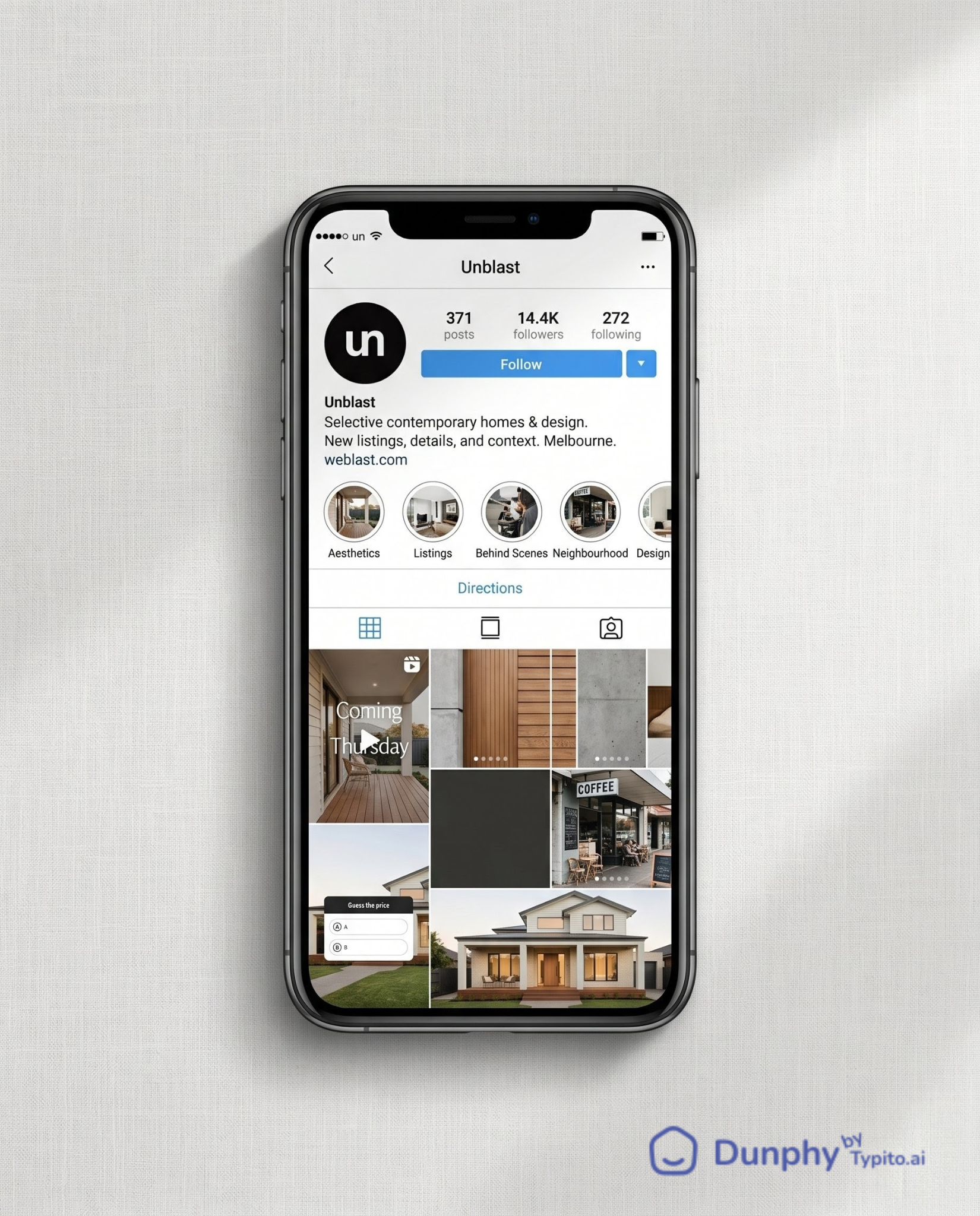 Phone screen mockup showing five Instagram post thumbnails displayed in a tight grid, all generated from the same property photo set. Clockwise from top left: a teaser reel thumbnail with a "Coming Thursday" text overlay on the exterior shot; a five-slide detail carousel preview showing close-up listing features such as crown molding, faucet, and pantry shelving; a price reveal reel with countdown text animating over interior frames; a neighbourhood lifestyle carousel opening with the listing hero shot then cutting to a nearby coffee shop and park; and an active story frame with a poll sticker reading "Guess the list price." The visual makes the core thesis tangible: one photo set, five distinct Instagram-native formats, each designed to earn a different action from buyers. Pre-Launch: Build Antici