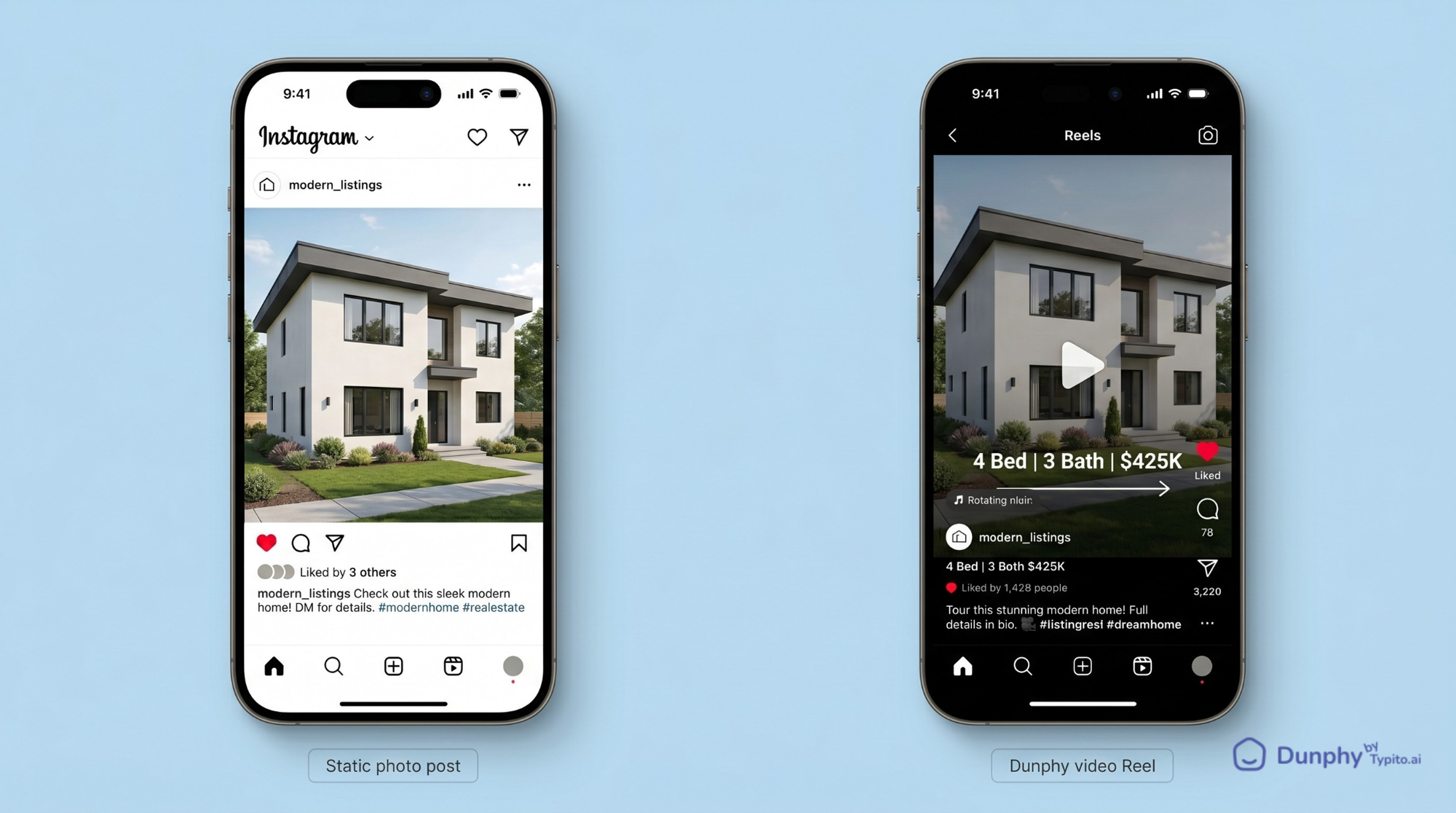 Side-by-side comparison of the same property listing shown as a static Instagram photo post with low engagement versus an Instagram Reel created with Dunphy showing higher engagement indicators.