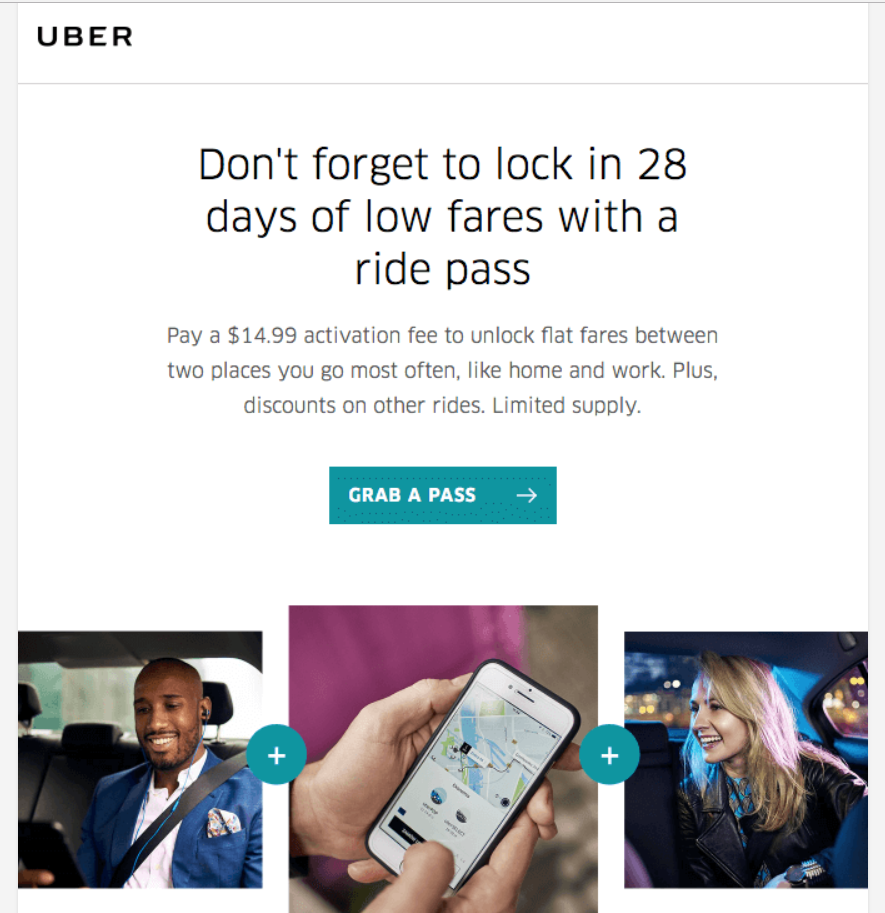 This is an email sent by Uber to its customers to subscribe for their new ride pass.