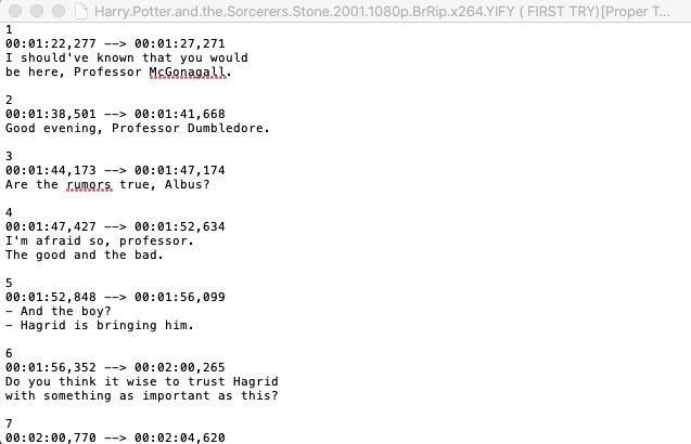 A picture of an SRT file opened in TextEdit.
