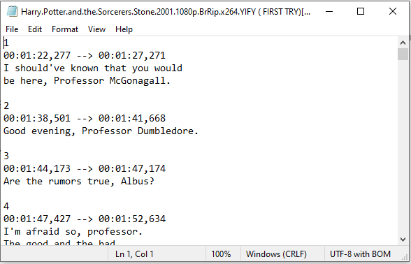 A picture of an SRT file opened in Notepad.