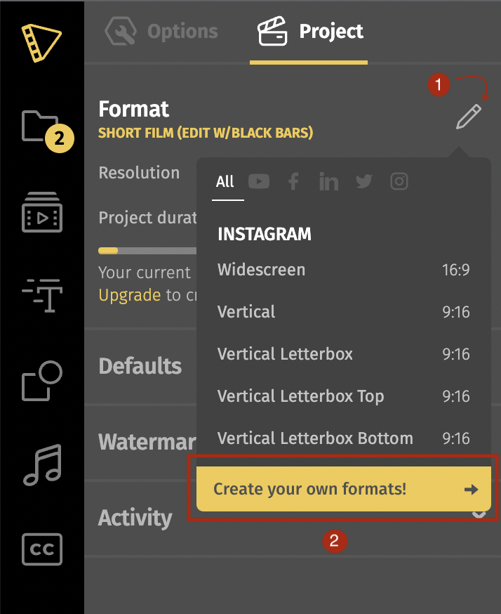 A screenshot of Create your Own format option.