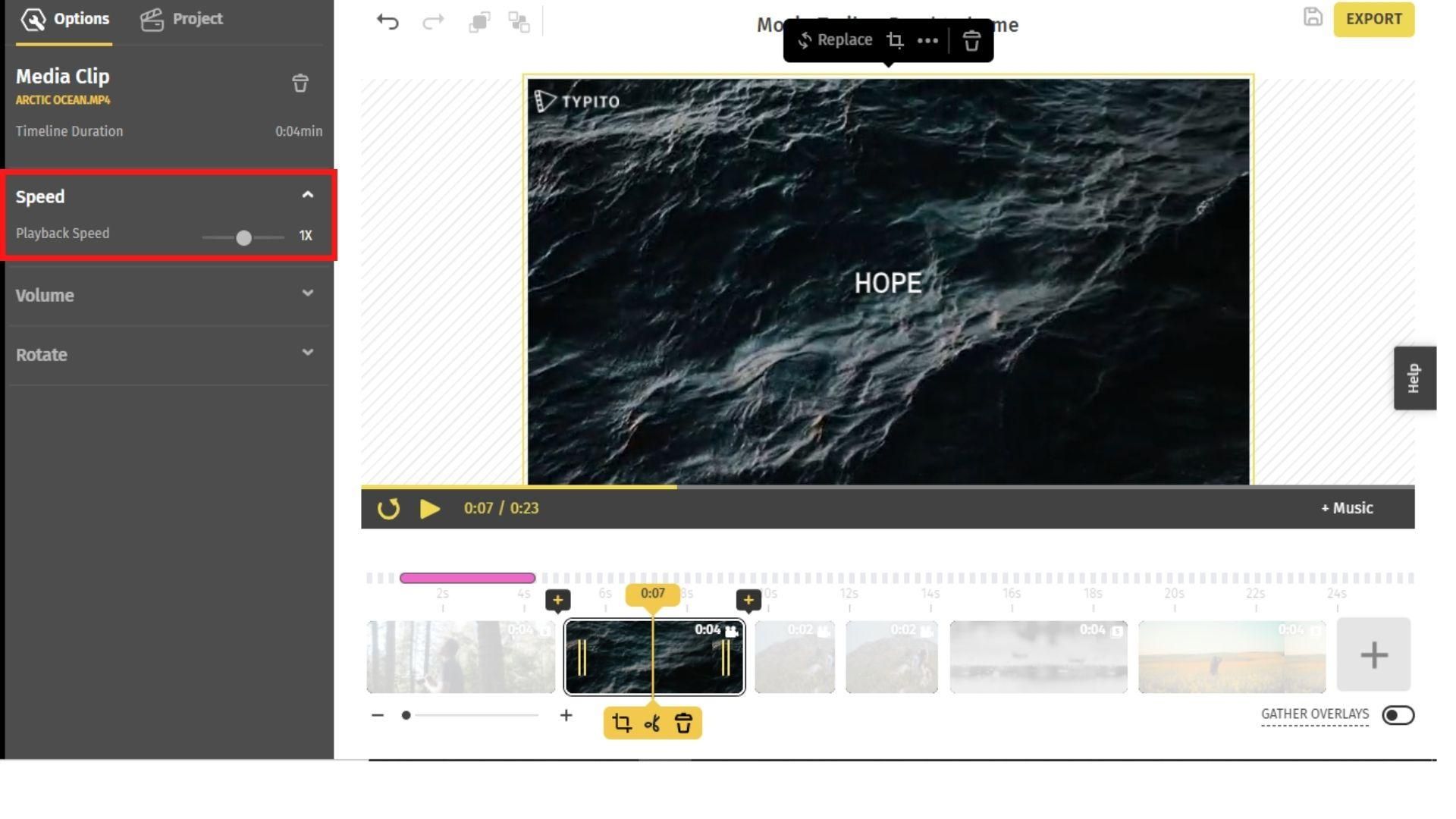 How to make a movie trailer: showing how to change the playback speed of a video in Typito.