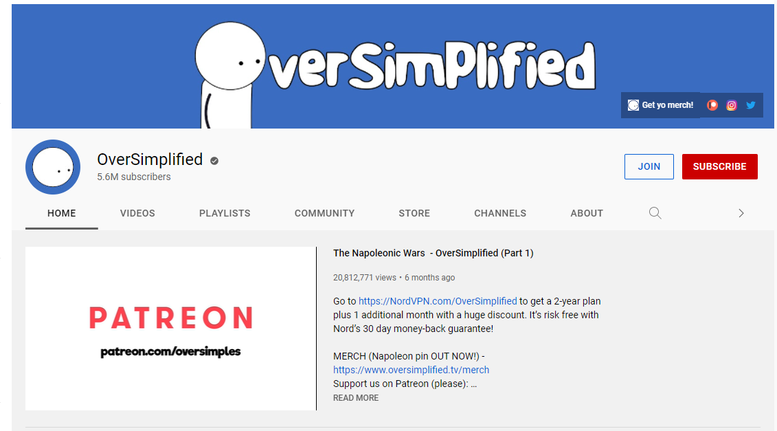 Channel page of Oversimplified.