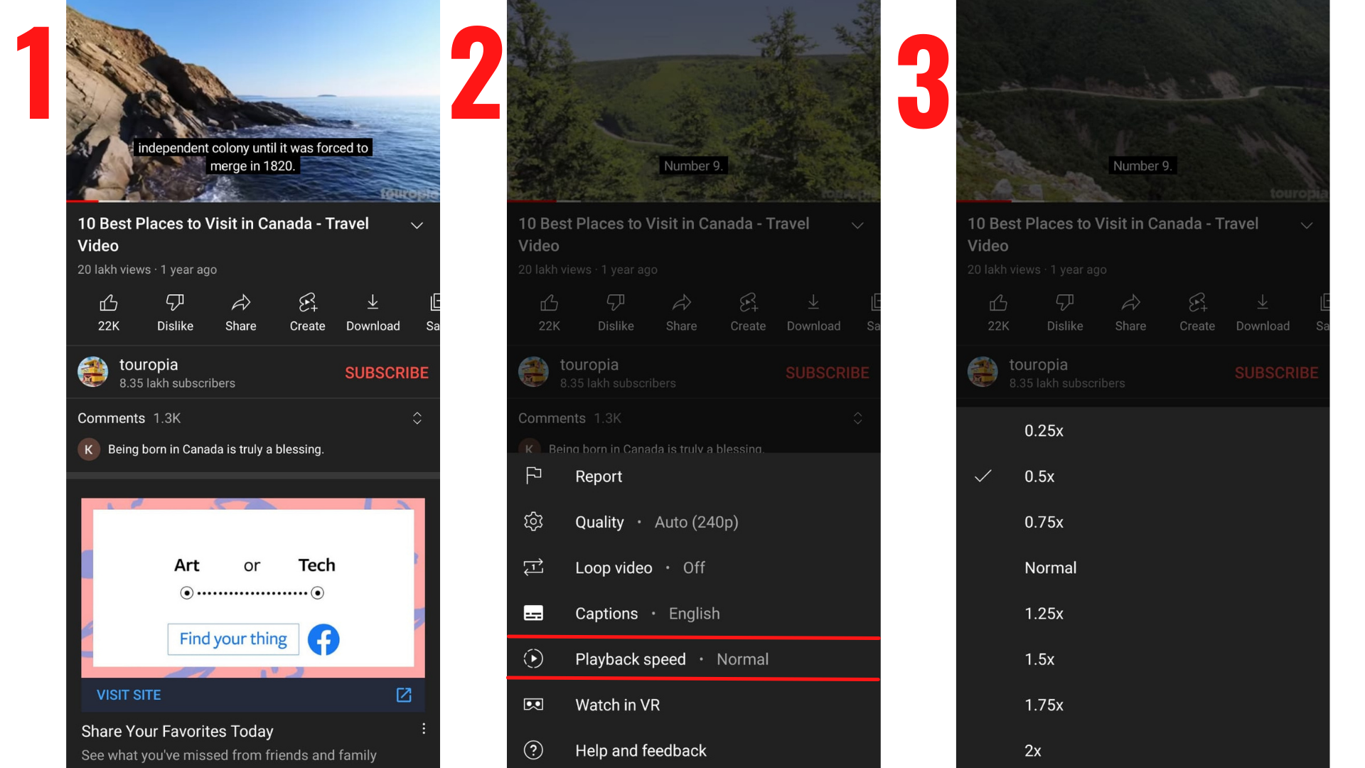 An image showing YouTube slowdown in three steps.