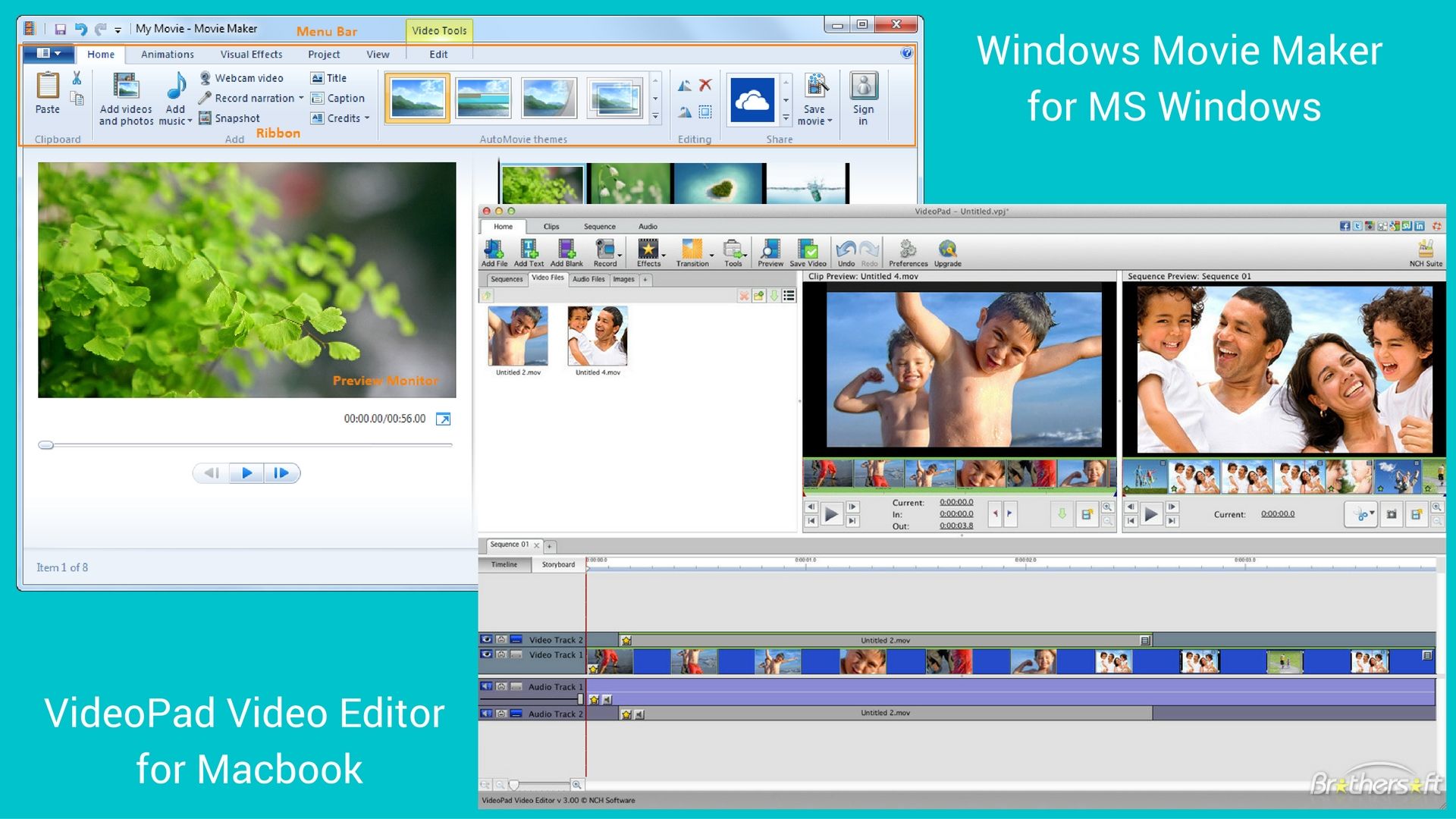 Windows Movie Maker and VideoPad Video Editors can help you stitch videos and music with ease.