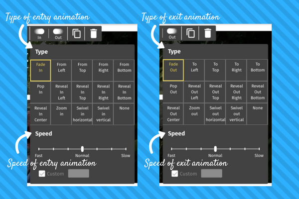 You can find the entry and exit animations on the element editor that opens up when you select an element.