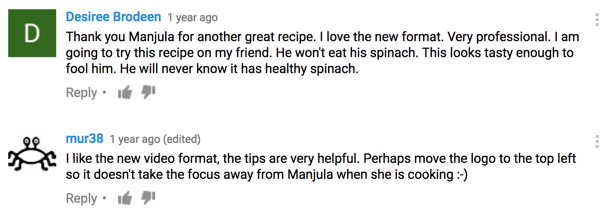 Some of the fan comments about 'Tips' on Manjula's Kitchen videos