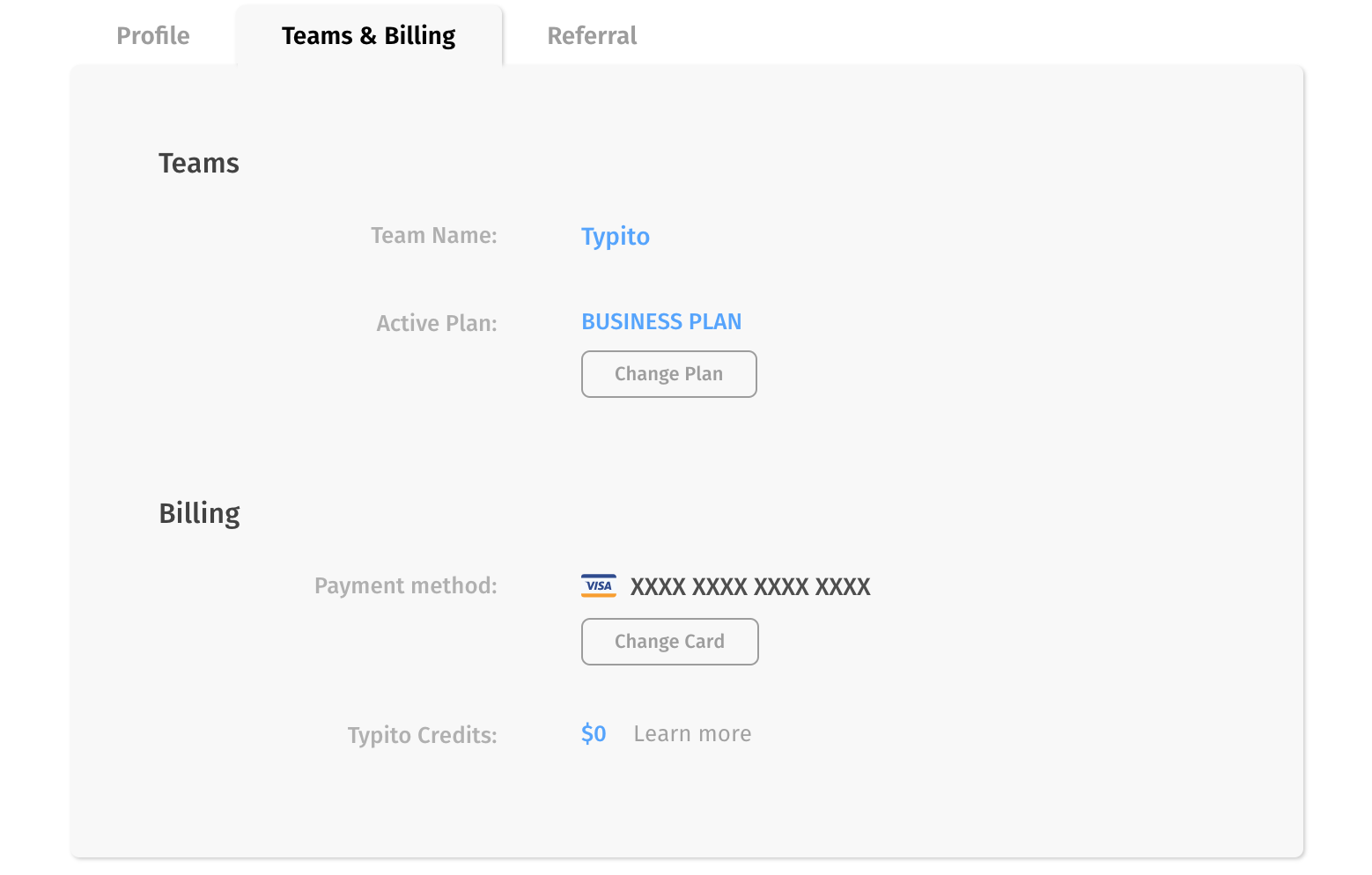 Team settings in Account section
