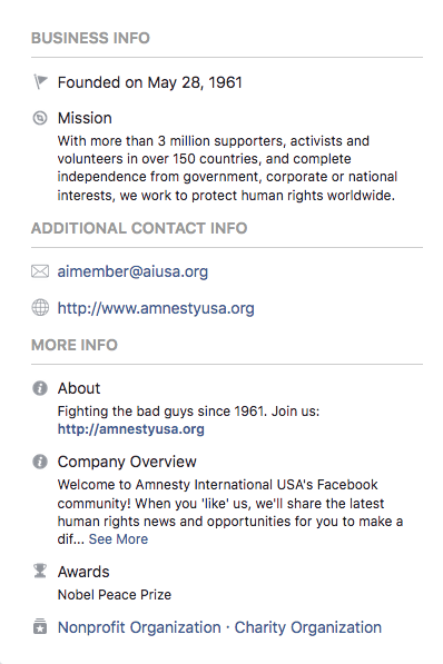 Facebook About: Amnesty USA