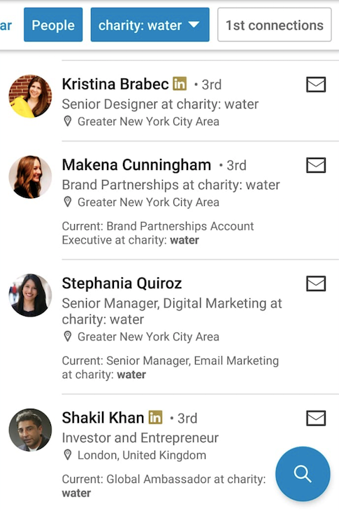 Charity: Water staff details in LinkedIn