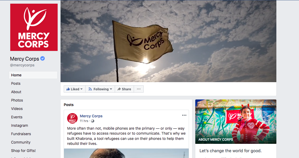 Facebook home page of Mercy Corps