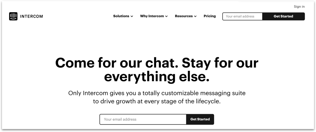 Screenshot of the Intercom landing page first fold as of May 29, 2019