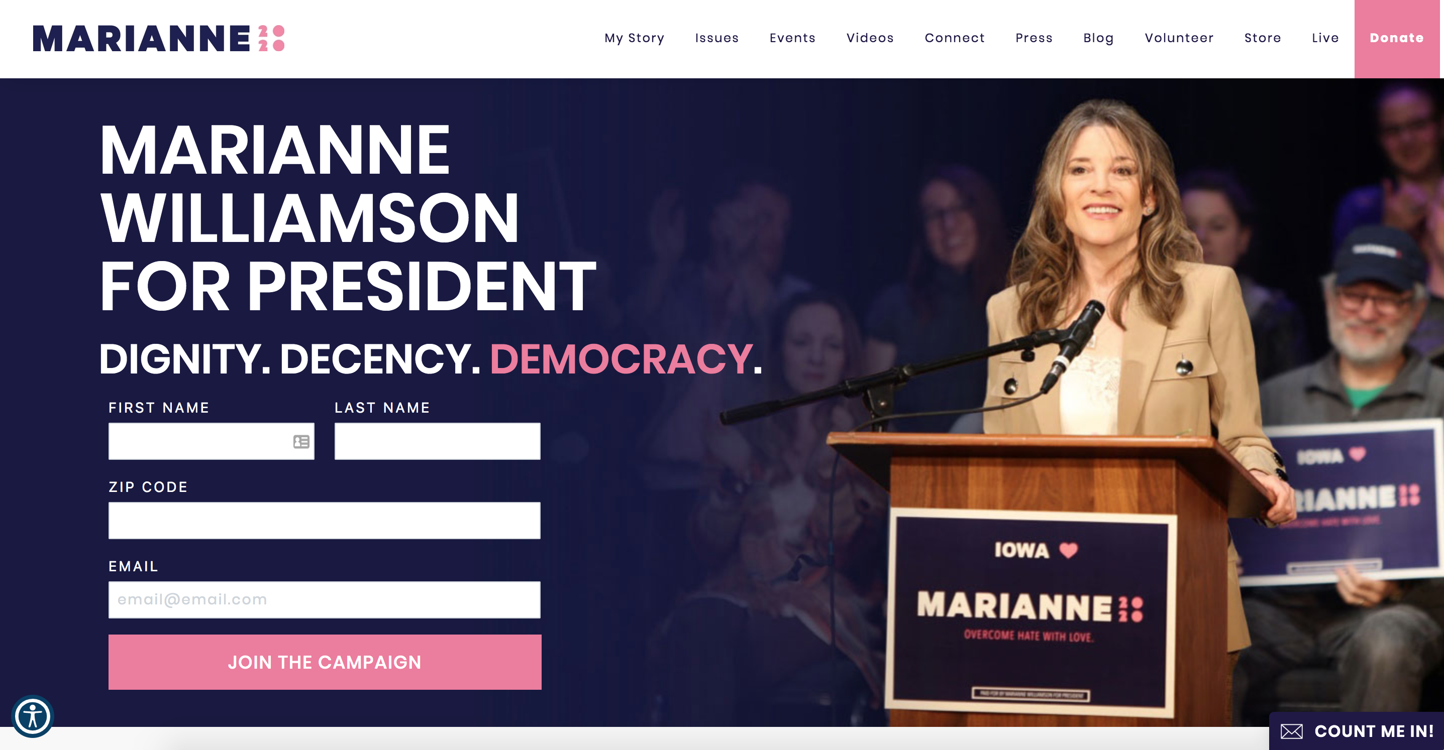 Marianne's on-brand website for the 2020 US Presidential Campaign