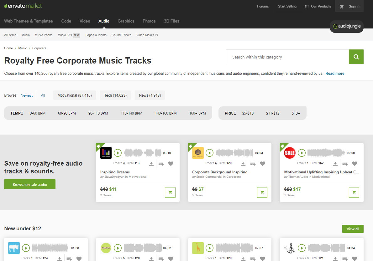 AudioJungle is great place to find good background music for videos. The interface has a well catalogued music items. 