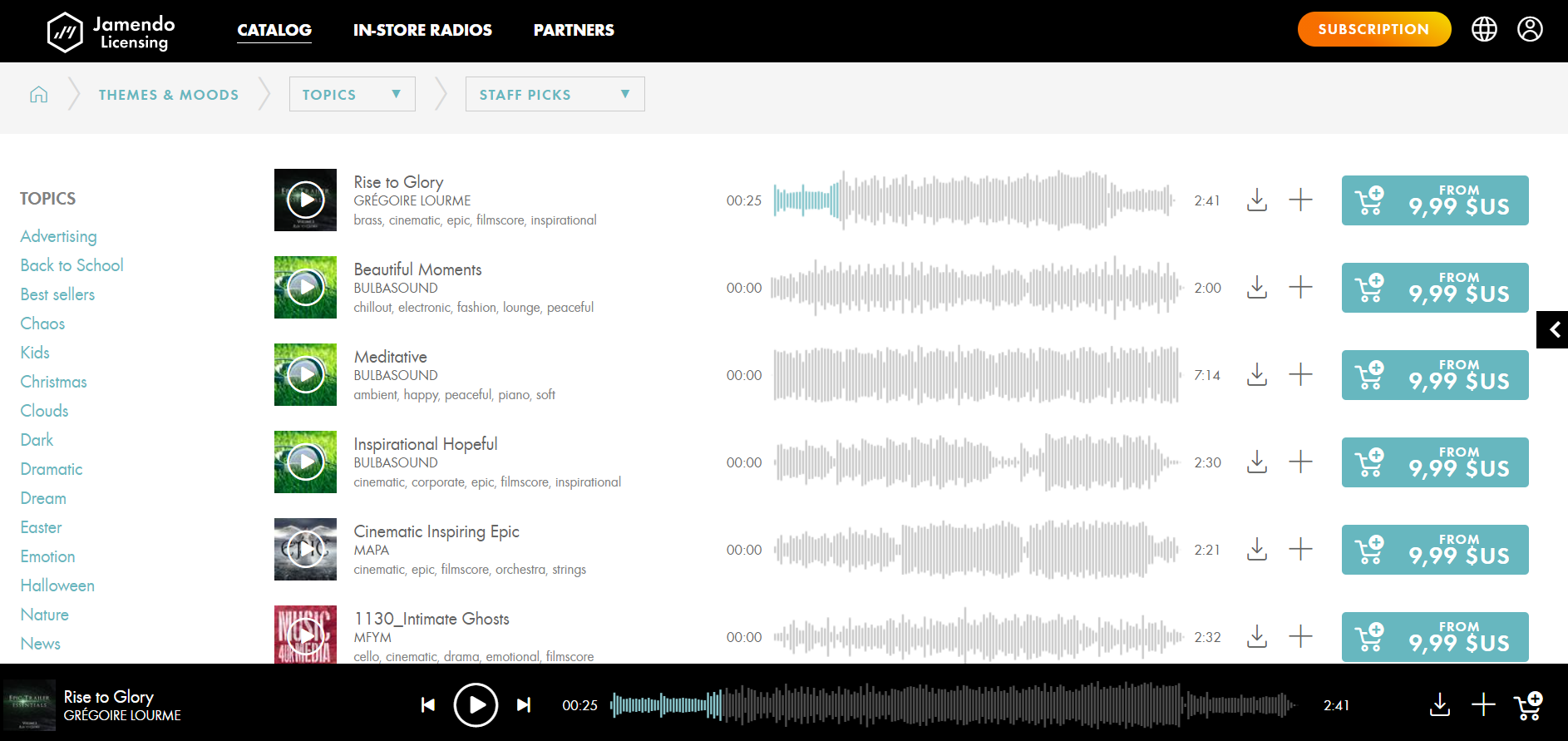 Jamendo is great place to find good background music for videos. The interface has a well catalogued music items. 
