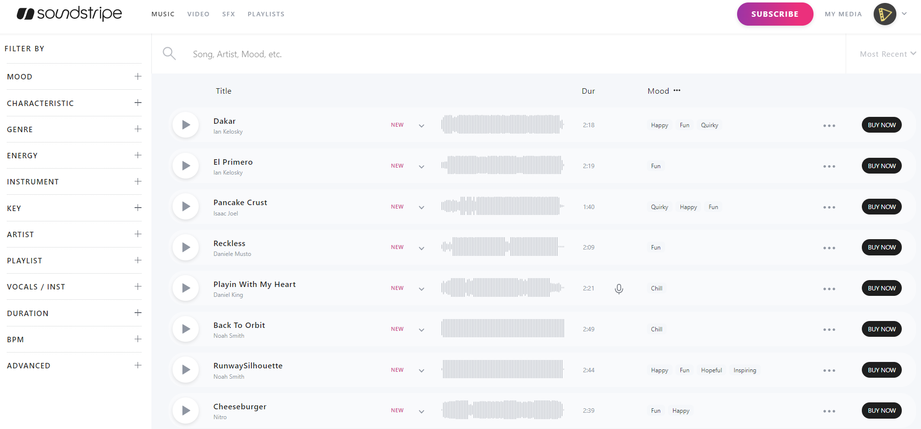 Soundstripe is great place to find good background music for videos. The interface has a well catalogued music items. 
