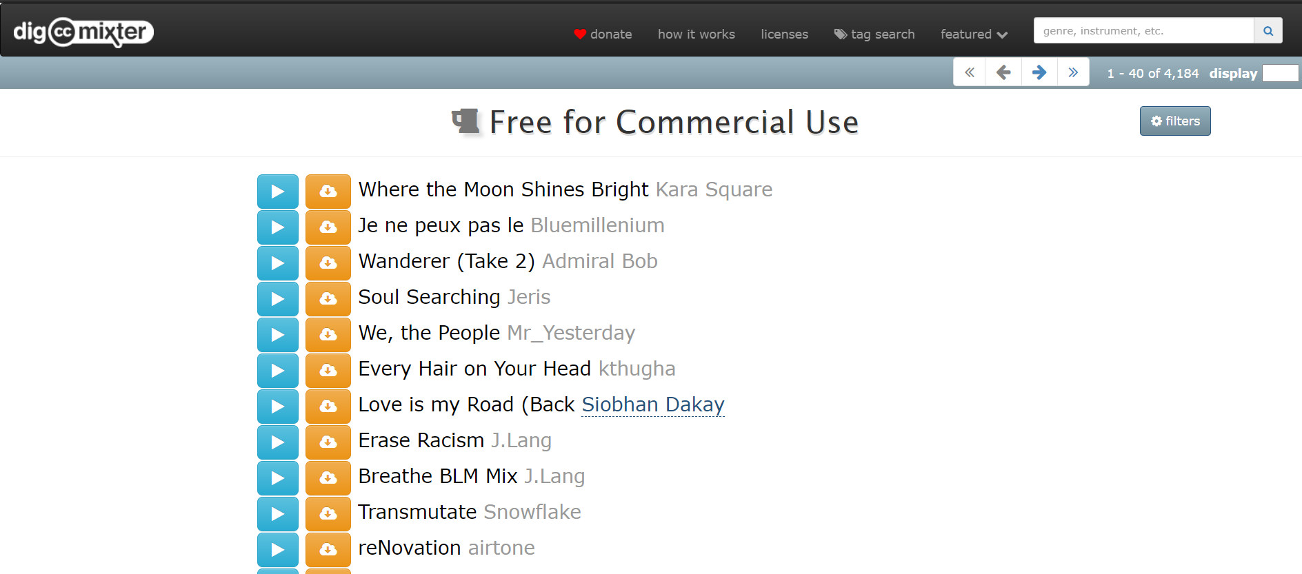 Dig CC Mixter is great place to find good background music for videos. The interface has a well catalogued music items. 