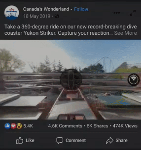 Facebook 360 video of a rollercoaster ride by 'Canada's Wonderland'