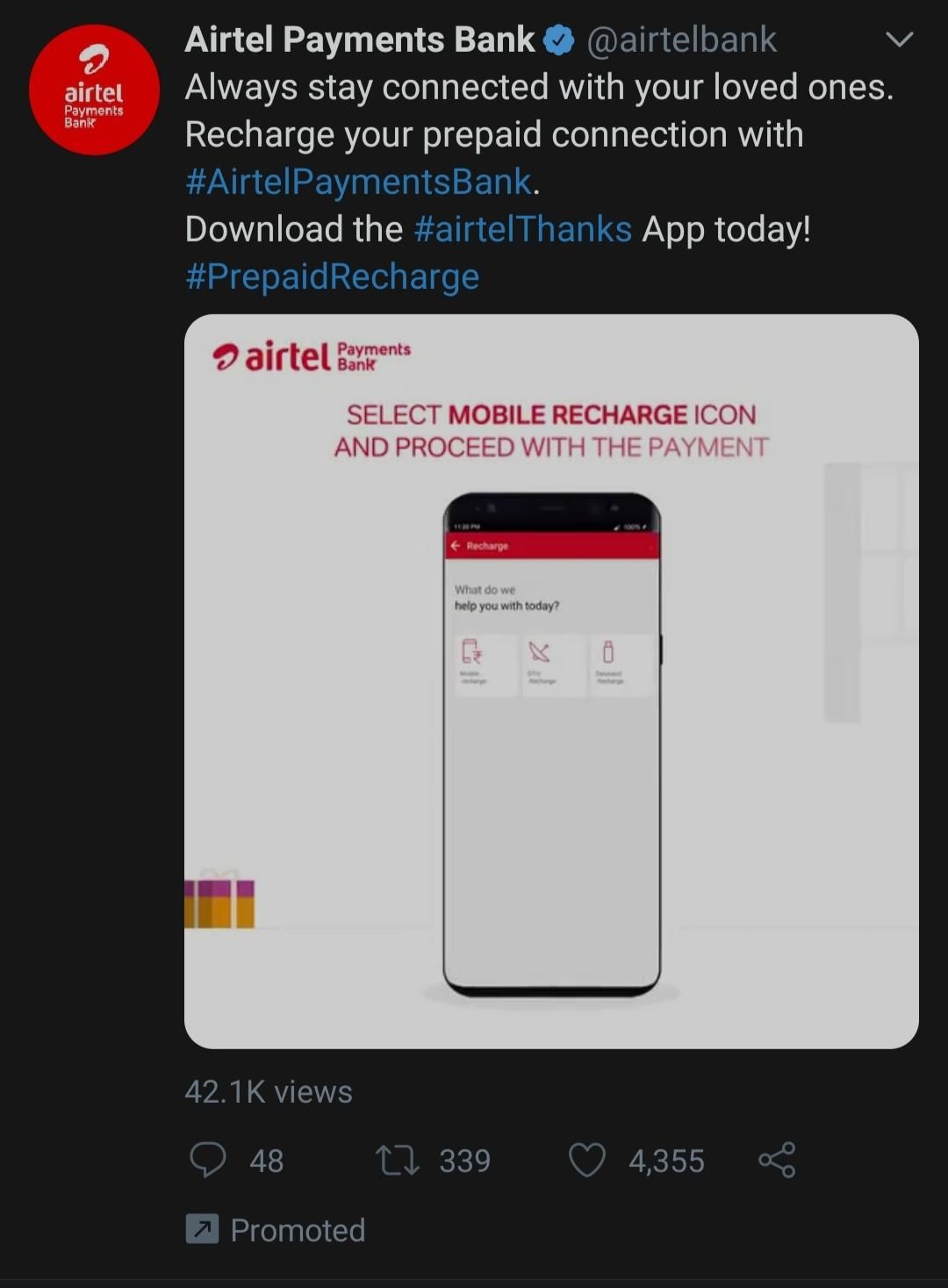 Twitter Video Requirements: Promoted Video Ad Example by Airtel Payments Bank