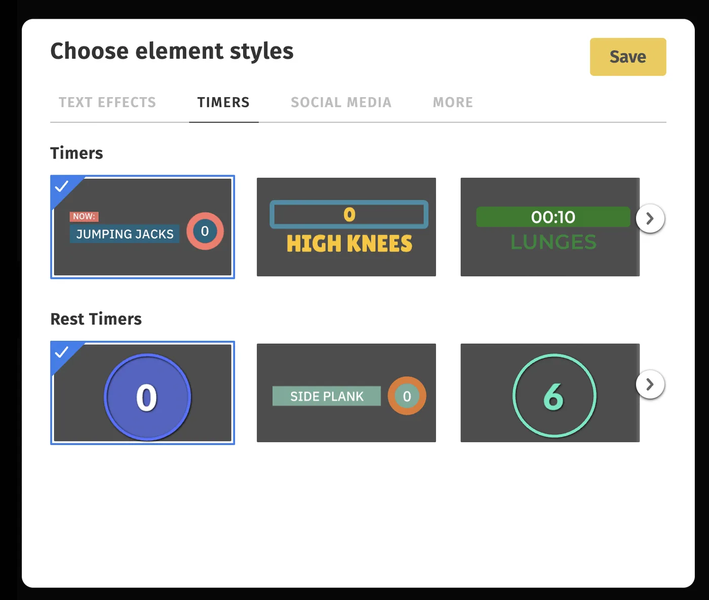 The Choose element styles screen, on the Timers tab, showing step and rest timers